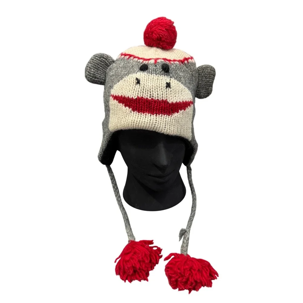World Market Sock Monkey Beanie Hat Unisex OS Gray Wool Fleece Lined Excellent